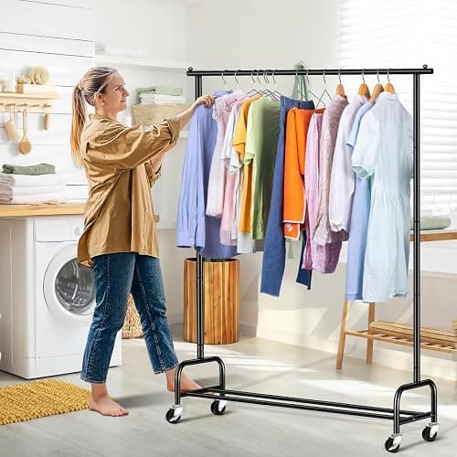 SLEEPING LAMB Heavy Duty Clothing Racks for Hanging Clothes Rack, 43" Wide Rolling Garment Rack Metal Clothing Hanger Rack with Wheels Wardrobe Rack for Coats, Shirts, Dress, (Black) - Black - Single Rod thumbnail 2