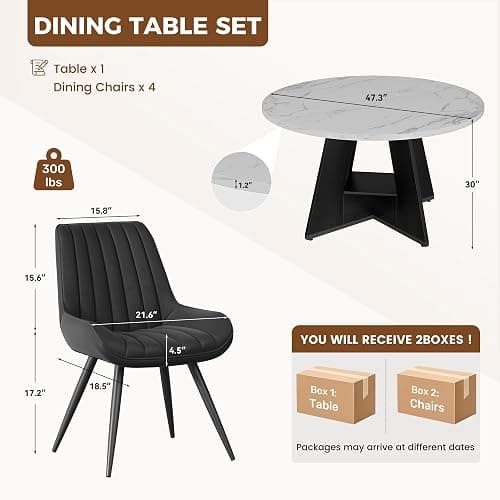47.3 Inch Round Dining Table Set for 4, Round Kitchen Table with Chairs, Space Saving Dining Room Table set with Storage Shelf for Apartment Kitchen Dining Room, Faux Marble Table+4 Black Chairs thumbnail 2