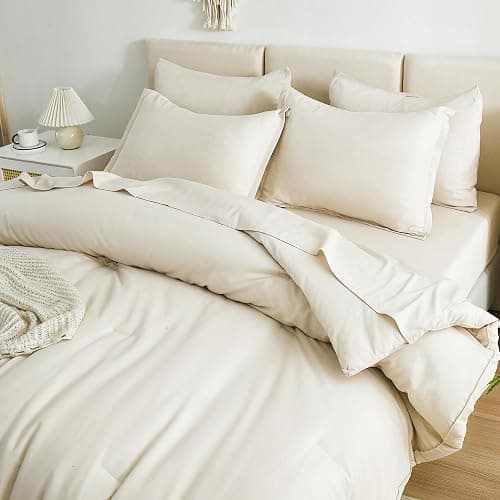 Litanika Beige Bed in a Bag Full - 7 Pieces Full Size Comforter Sets Bedding Comforter Sets, Solid Fluffy Bed Set with Comforter, Sheets, Pillowcases & Shams - Image 1