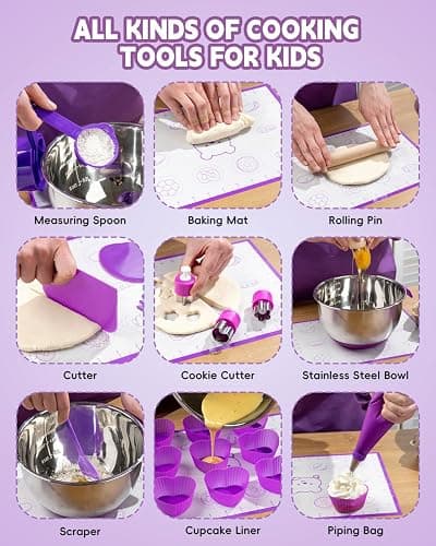 Kids Baking Set–Real Cooking Set for Kids with Kids Cooking Utensils & Kitchen Accessories, Measuring Tools & Baking Supplies,Great Gift for Pretend Play & Montessori Learning (Purple) thumbnail 4