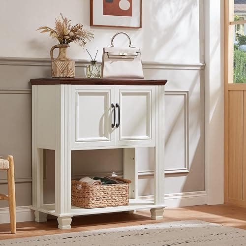 SAVOR LIFE Farmhouse Coffee Bar Table with 2-Door Cabinet, Kitchen Storage Cabinets with Open Shelf, Coffee Station for Dining Room, Kitchen, Hallway, Living Room, White thumbnail 8