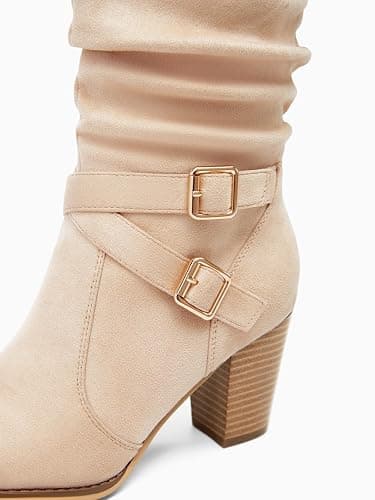 Ermonn Womens Mid Knee High Boots Chunky Heel Slouchy Metal Buckle Side Zipper Fashion Winter Shoes thumbnail 5