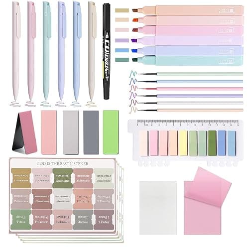 32Pcs Bible Journaling Kit,Bible Study Supplies with 6pcs Highlighters No Bleed,75 Laminated Tabs,5 Magnetic Bookmarks,300 Sticky Notes,6 Color Pens with Refills,Bible Journaling Supplies for Women - Image 1