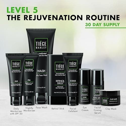 Tiege Hanley Skin Care Set for Men, Rejuvenation Routine, System Level 5, Face Wash, Scrub, Moisturizers, Eye Cream, Serum, Clay Mask, & Retinol Stick for Healthy Skin, Men’s Skin Care, 8 Piece Kit thumbnail 2