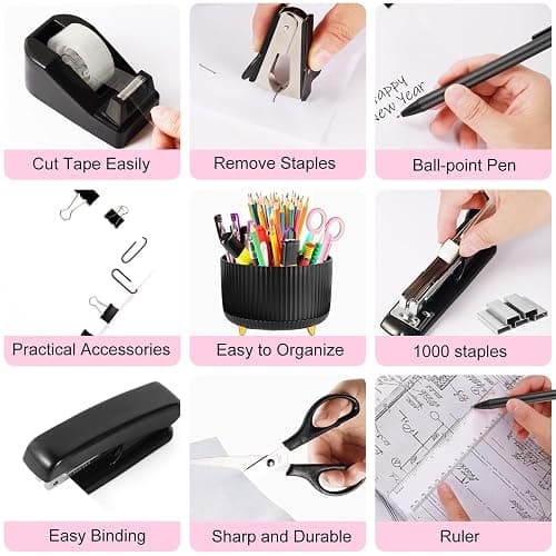 Gawsey Black Desk Organizers and Accessories Set with 360-Degree Rotating Pen Holder, Tape Dispenser, Stapler, Staple Remover, 1000 Staples, Tape, Clips Set, Ruler, Scissor, Pen thumbnail 5