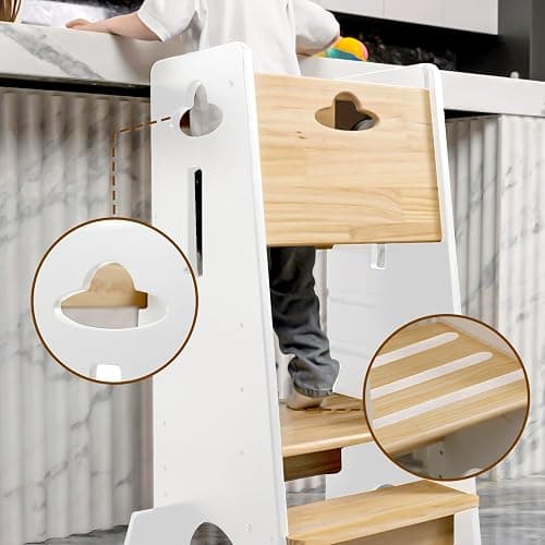 COSYLAND Toddler Standing Tower Adjustable Height - Super Stable Kids Kitchen Stool Helper - 3 Levels Adjustable Wooden Toddler Kitchen Stool (Natural & White) thumbnail 4