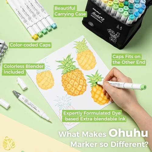 Ohuhu Alcohol Markers Brush and Fine Tip - 48-Color Alcohol-based Art Sketch Marker Set for Artist Adults Coloring Illustration - Brush and Fine Dual Tips- Honolulu 2B - Refillable - AP Certificated thumbnail 7