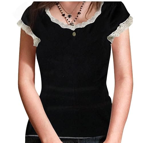 Womens E-Girls Short Sleeve T-Shirt Y2k Lace Trim Crop Tops Crewneck Fairy Grunge Tee Tops Aesthetic Summer Clothes - Small - Black thumbnail 2