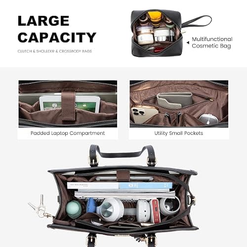 LOVEVOOK Laptop Bag for Women 15.6 inch Lightweight PU Laptop Tote Bag, Large Capacity Computer bag with Clutch Purse for Business, Work, Office, Travel, School,Casual(Black & Leather) thumbnail 3