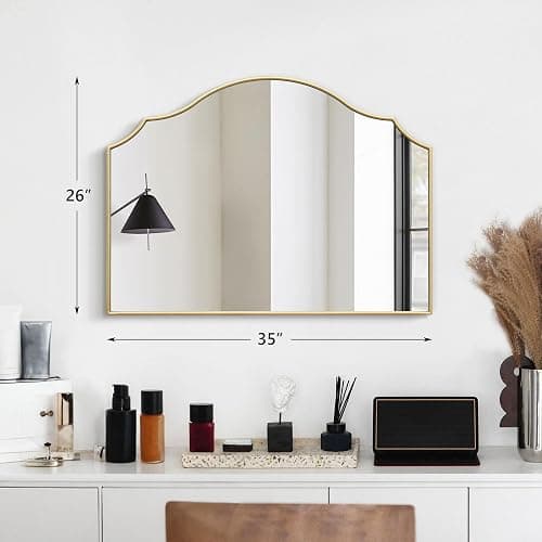 Besdomus Gold Scalloped Mirror for Dresser: 35"x26" Modern Wooden Mantel Mirror - Minimalist Decorative Wall for Vanity/Bedroom/Fireplace/Entryway - Ideal for 20-44 Age Fashion Women thumbnail 2