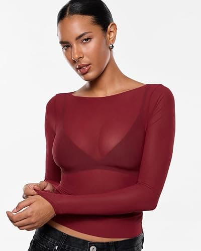 INLYRIC Women's Cosnufy Mesh Sheer Long Sleeve Tops See Through Boat Neck Going Out Tops Trendy Sexy Shirts thumbnail 4