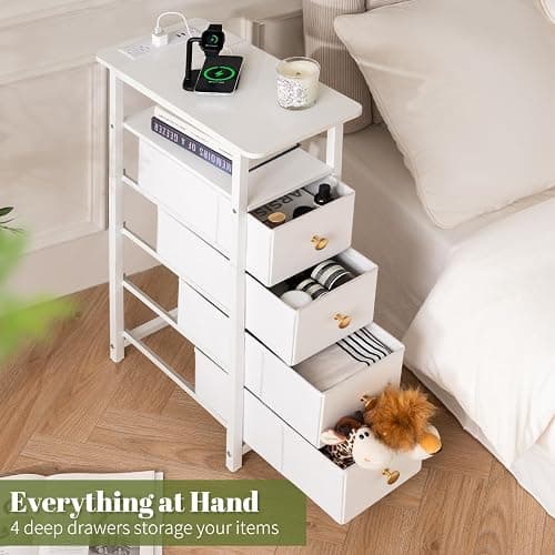 Yoobure LED Narrow Nightstand with Charging Station - Slim Dresser for Bedroom Narrow Side Table Storage Cabinet, Small Dressers Chest of Drawers, Tall Night Stand End Table for Small Spaces, White thumbnail 6
