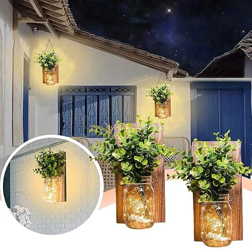 Rustic Wall Sconces, Mason Jar Sconces, Farmhouse Home Decor, LED Fairy Lights, Green Fake Plant, Interior Decoration Warm Toned Lighting. (2 Pack) thumbnail 4