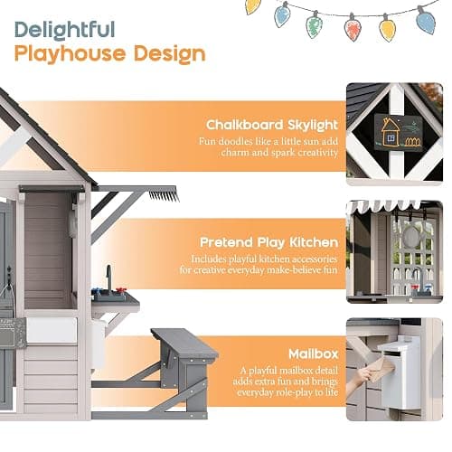 Albott Kids Outdoor Wooden Playhouse with Kitchen Playset, Backyard Cottage for Kids with Bench, Chalkboard, Pet Door, Wooden Mailbox and Flowerpot, Backyard Play House for Boys and Girls Ages 3-8 thumbnail 4