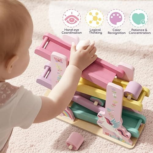 Lehoo Castle Wooden Car Ramp Toys for 1 Year Old Girl Birthday Gifts, Unicorn Montessori Toys for One Year Old, Wooden Race Track with 4 Rollers Toddler Toys for 2 Year Old Girl thumbnail 7