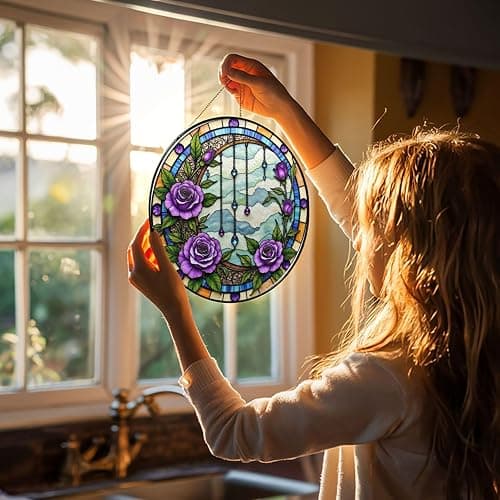 Purple Roses and Gemstone Chains Stained Glass Suncatcher 6in | Window Hanging Home Decor Metal Frame Hanging Chain Garden Decor Birthday Housewarming Gift thumbnail 3