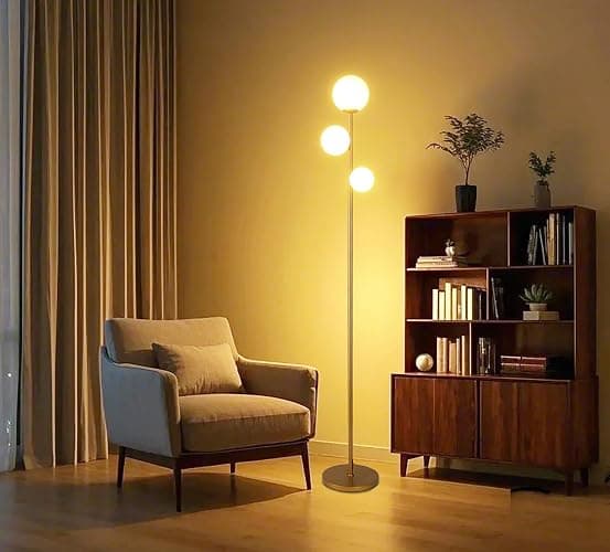 Fiqevs 3 Globe Mid Century Modern Floor Lamp for Living Room, Gold Standing Lamp with Frosted Glass Shade and 3x2700K Warm LED Bulbs, Vintage Retro Tall Lamps for Bedrooms, Office - Antique Brass thumbnail 5