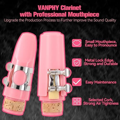VANPHY Bb Clarinet For Beginners Students B Flat Clarinet 17 Keys Clarinet with Case Stand Strap 2 Barrels 8 Mouthpiece Cushion White Gloves(Pink) thumbnail 2