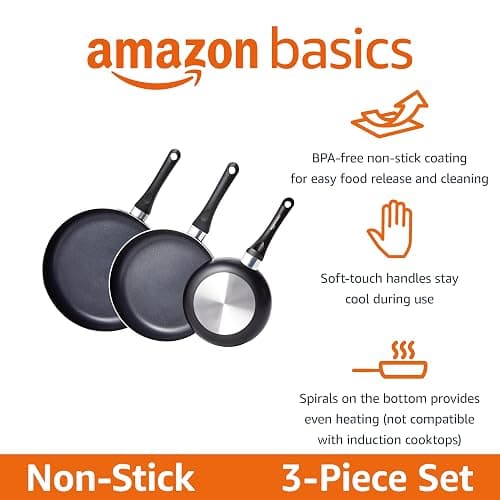 Amazon Basics Non Stick 3-Piece Kitchen Cookware Set, Includes 8-inch, 10-inch, 12-inch Pan, Black thumbnail 3
