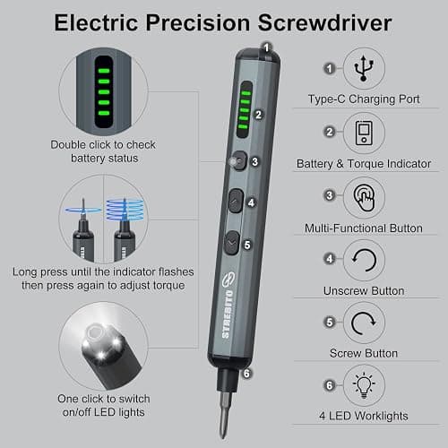 STREBITO Mini Electric Screwdriver Set, 70 in 1 Small Electric Screwdriver Cordless - 64 S2 Preicison Bits, 5 Torque Settings, 4 LED Lights, Mini Power Screwdriver Repair Tool Kit for PC RC Electronic thumbnail 2