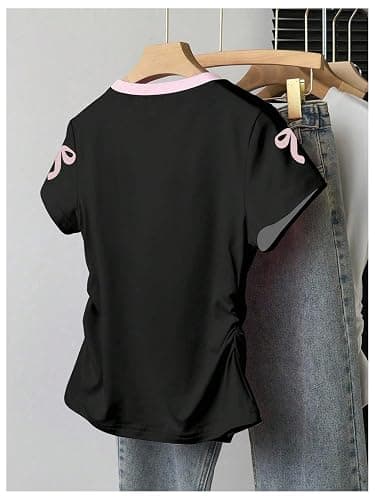 SHENHE Girl's Cute Bow Shirt Graphic Crew Neck Ruched Fitted Short Sleeve Crop Tee Top thumbnail 3