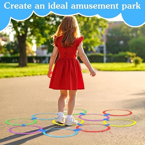 CIATBYYJ 2 Sets 11inch Hopscotch Rings, 10 Plastic Round Hoops with Blue Clips Connectors, Obstacle Course Agility Balance Training Rings, Outdoor Indoor Games Hopscotch Set for Fun and Fitness thumbnail 6