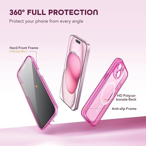 TIESZEN for iPhone 15 Case, Compatible with MagSafe, Built-in Privacy Screen Protector and Camera Protection, Anti Spy Full Body Dustproof Shockproof Hard Phone Case 6.1", Fluorescent Pink thumbnail 3