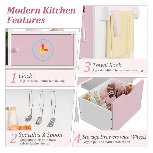 Keyluv Wooden Play Kitchen for Kids and Toddler, Montessori Toy Kitchen Playset with Plenty of Pretend Play Features and Storage Drawers, Gift for Boys and Girls, Pink thumbnail 6