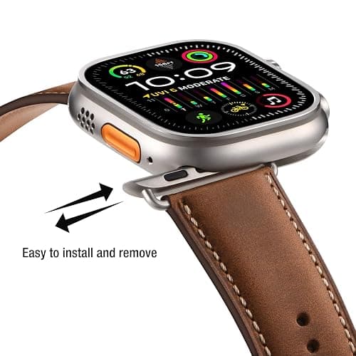 SUNFWR Leather Bands Compatible with Apple Watch Band 49mm 45mm 44mm 42mm for Men Women, Genuine Leather Replacement Strap for iWatch Ultra 2, Ultra, SE2, SE, Series 9 8 7 6 5 4 3 2 1 (Red thumbnail 4