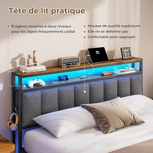 AOGLLATI Cadre de Lit 140x190 avec Multiprise et Éclairage LED, Lit 2 Personnes Flottant avec Tête de Lit Rangement, Sommier en Métal, Structure Stable, Lin Gris Foncé(sans Matelas) thumbnail 4