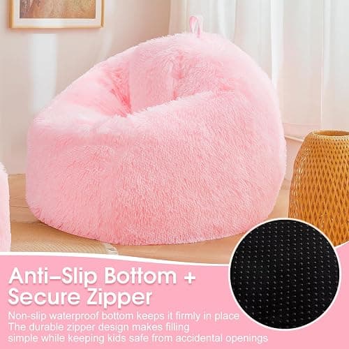 Pink fluffy bean bag chair covers (No Filler), comfy Plush Pink bean bag chair Cover for bedroom, stuffed animal Storage, kids adults teens girls bean bag chairs, Anti-Slip thumbnail 7