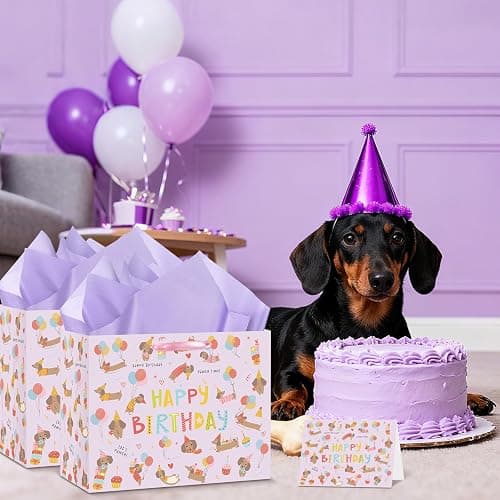 Large Dog Birthday Gift Bag Set with Tissue Paper and Greeting Card Cute Dachshund Dogs Birthday Bag Purple Dachshund Doggy Puppy Dog Pet Gift Wrapping Paper with Handles for Girl Boy Kids Men Women thumbnail 5