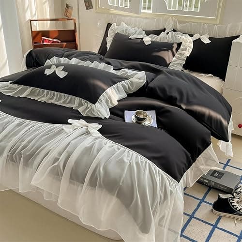 SOUKECHY Girls Lace Bedding,Queen Comforter Cover Set, Chic Ruffled Duvet Cover with Lovely Bow,Princess Style 1 Duvet Cover with 1 Pillowcases, No Comforter-Black,Twin Size thumbnail 7