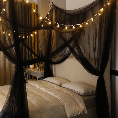 Mengersi Canopy Bed Curtains with Lights,Elegant Bed Canopy Curtains Bed Netting for Full Queen King Size Bed,Halloween Decoration,Gothic Black Room Decor Aesthetic thumbnail 3
