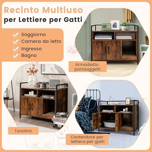 COSTWAY Mobile per Lettiera Gatti con Ripiani Aperti e Ripiani Chiusi con Maniglie, Mobiletto Multiuso per Ingresso e Soggiorno, 82,5 x 51 x 51 cm, Portata 50 kg (Marrone) thumbnail 8