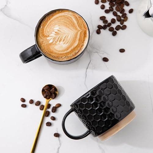 GBHOME 12OZ Stackable Coffee Mugs, Ceramic Coffee Mugs with Texture Patterns for Man,Woman,Dad,Mom, Modern Coffee Mugs Set of 4 for Latte/Cappuccino/Cocoa. Dishwasher&Microwave Safe, Black thumbnail 3
