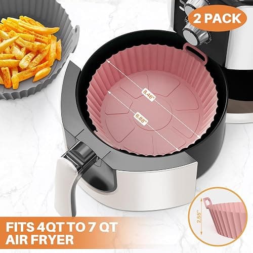 ME.FAN Air Fryer Silicone Liners for 4 to 7 QT [2 Pack] Reusable Air Fryer Basket with Handles & Holes Rose Pink + Light Grey thumbnail 3