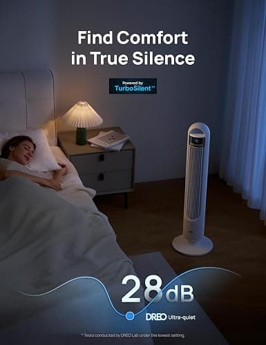 Dreo Tower Fan for Bedroom, 4 Speeds, 3 Modes Standing Fans for Room with 90° wide Oscillating, 28dB Quiet for Sleep, 25ft/s Velocity, 29ft Coverage, 8H Timer, Remote, Living Room, Office, Home, White thumbnail 5