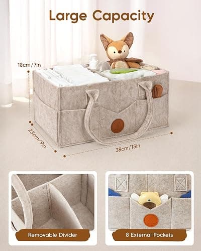 Maliton Panier Rangement Bébé Portable en Feutre avec Poignée Compartiments Détachables, Pour la table à langer ou la chambre du bébé, Pour les couches, lingettes et inserts, Marron thumbnail 3
