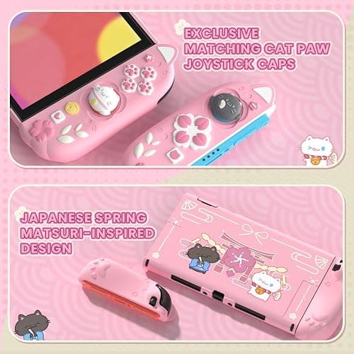 PlayVital Cherry Blossoms Kitten Protective Case for Nintendo Switch 2 with Stand | Cute Cat Ear & Paw Silicone Grips, Dockable Hard Shell, 2 Joystick Caps | Full-Body Protection Cover, Pink thumbnail 6
