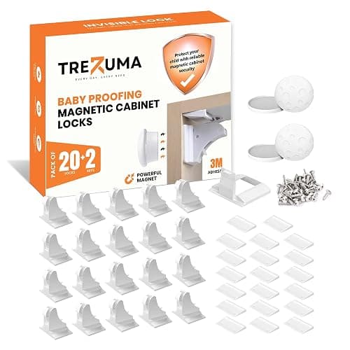 TREZUMA Magnetic Cabinet Locks Baby Proofing (20 Locks + 2 Keys) – Child Proof Cabinet Locks with Easy Adhesive Installation – Child Safety Locks for Kitchen, Cabinets & Drawers with Optional Screws - Image 1
