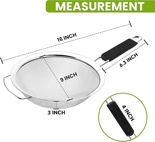 Kafoor 9" Large Fine Mesh Strainer with Thermo Plastic Rubber Handle - Sieve Fine Mesh Stainless Steel - Ideal Kitchen Essential to Strain Pasta, Quinoa and Rice thumbnail 3