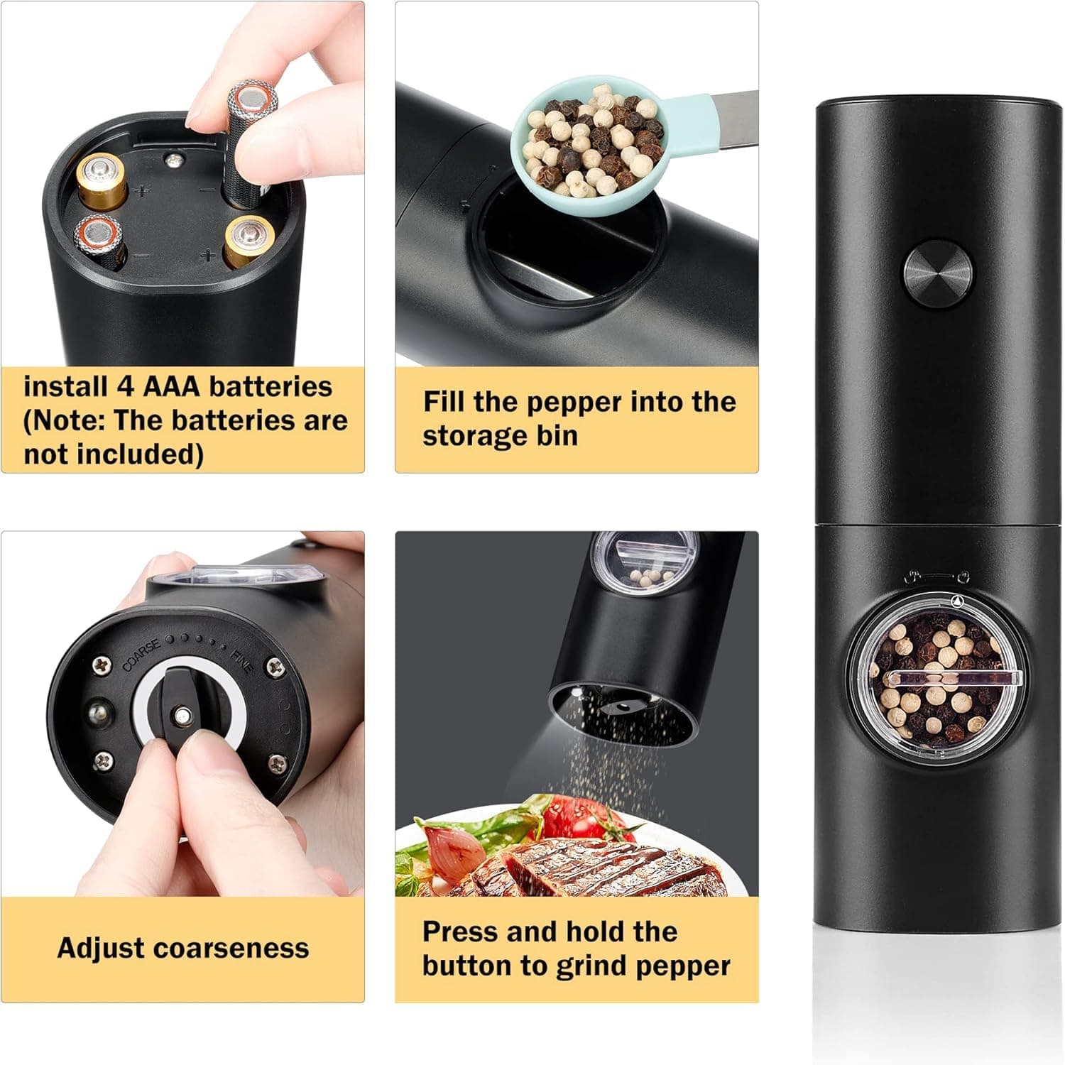 Moedor de Pimenta Elétrico – Moedor de Pimenta Automático, Moedor de Pimenta e Sal, Design em Aço Inoxidável – Ideal para Moer Pimenta, Moedor de Sal Grosso e Especiarias, Moedor de Tempero thumbnail 7