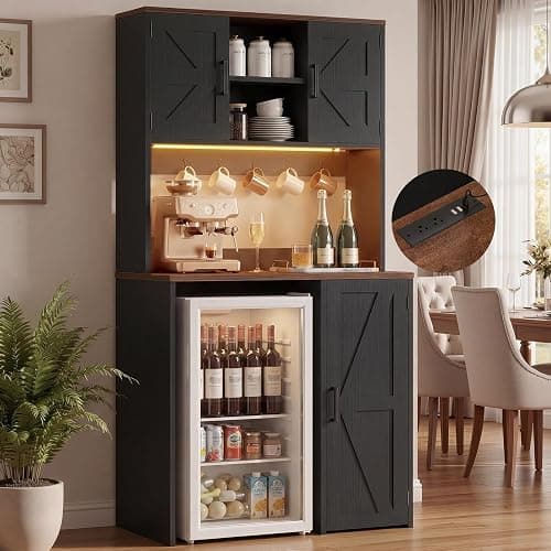Unikito Mini Fridge Cabinet with Storage, Power Outlet & LED Light, Black | Coffee Bar Cabinet, Liquor Wine Bar Stand with Mini Fridge Space and Microwave Shelf, Beverage Station for Home Kitchen - Image 1