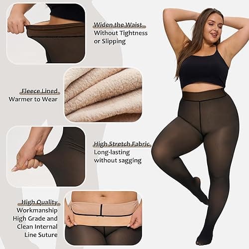 UISLII Plus Size Fleece Lined Tights Women,Warm Pantyhose Leggings Women,Fake Translucent Thermal Skin Colored Tights Winter. - Black Fake Translucent Skin-pantyhose - 3X-Large-4X-Large Plus thumbnail 3