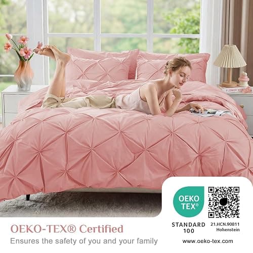JOLLYVOGUE Queen Comforter Set 7 Pieces - Bed in a Bag Queen for All Season, Pintuck Bedding Comforter Sets with Comforter, Flat Sheet, Fitted Sheet and Pillowcases & Shams, Pink thumbnail 3