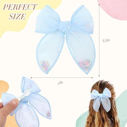 6 PCS Tulle Hair Bows for Girls, CN Toddler Bows with Glitter Star Alligator, Colorful Hair Barrettes Wedding Hair Accessories for Baby Girls Infants Toddler Teens Party (Type A) thumbnail 6