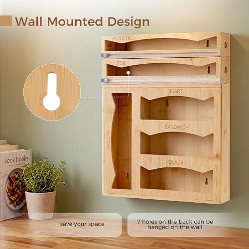 6-in-1 Bamboo Kitchen Drawer Organizer for Storage Bag, Foil & Plastic Wrap thumbnail 8