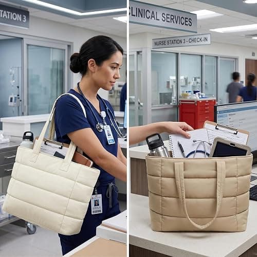 Puffer Tote Bag with Pouch, Women's Lightweight Quilted Shoulder Bag, 15.6"/17.3 Laptop Travel Weekender for Work & Nurses thumbnail 2