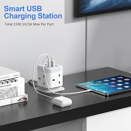 Tower Extension Lead with USB Slots 4 Way Cube Multi Plug with 1.5M Cable | 2 USB A and 1 USB C Ports, UK Power Strip with Switch Surge Protected Extension Socket Cord for Home Kitchen Office thumbnail 4